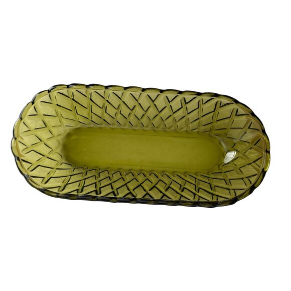 Vintage Green Glass Relish Dish – Avocado Diamond Basketweave Celery Tray 1970s - Picture 4 of 4